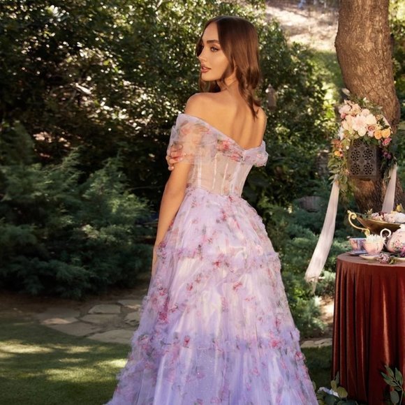 NEW LONG FORMAL OFF THE SHOULDER SLEEVELESS DRESS WITH FLORAL PATTERN CD A1286 - Picture 7 of 9